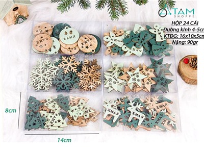 Hộp 24 cái phụ kiện treo Noel gỗ chủ đề xanh ngọc X-HPK-07